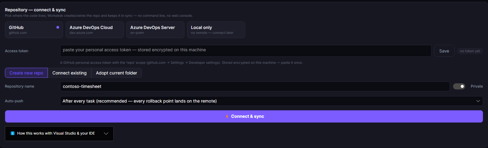 Repository — connect & sync: providertegels, versleutelde token, reponaam, auto-push-ritme en de Connect & sync-knop